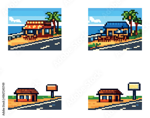 Colorful beachfront shops and palm trees in pixel art style