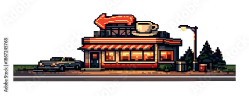 Retro pixel art diner at sunset with neon sign and vintage car