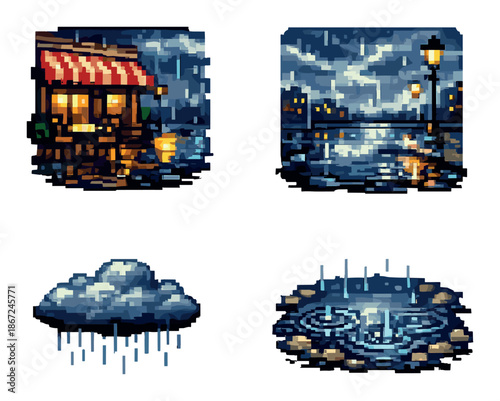 Pixel art night rain scenes with café, street, cloud, and puddle