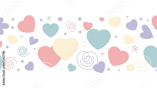 Delicate Pastel Hearts and Whimsical Abstract Shapes Seamless Horizontal Border Pattern for Sweet Designs and Romantic Celebrations