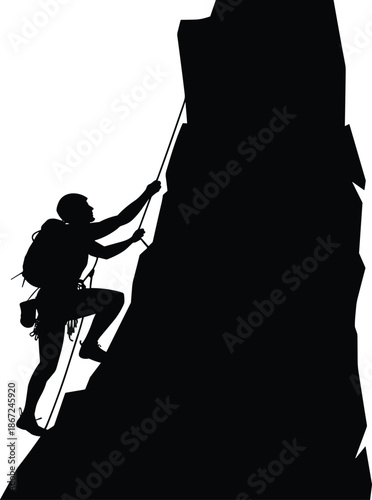 Mountain climber silhouette illustration, rock climbing adventure challenge, extreme sport concept, mountaineering achievement, outdoor exploration, black white vector design art