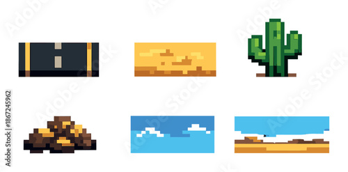 Retro pixel art desert elements with cactus and road designs
