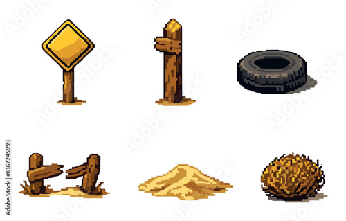 Pixel art road signs and objects: tire, sandpile, tumbleweed, fence