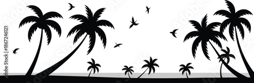 Palm tree beach silhouette illustration, tropical island landscape with birds, summer vacation nature scene, black white vector art, design, background