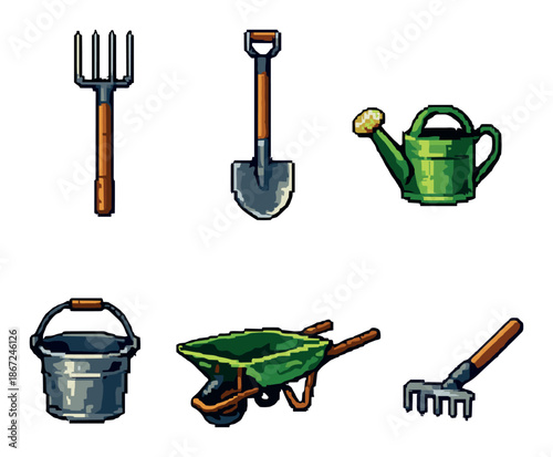 Pixel art farming tools: rake, shovel, watering can, bucket, wheelbarrow