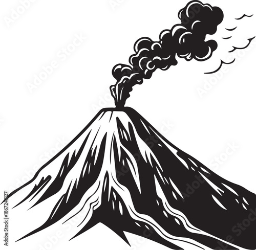 Black and White Volcano Eruption Drawing Icon - Graphic Mountain Sketch