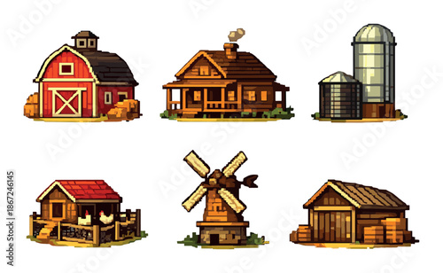 Pixel art farm buildings with barn, cottage, silo, chicken coop, windmill, and shed