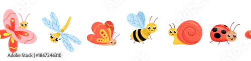 Seamless border with cute bugs. Childish endless pattern isolated on white background, ladybug, butterfly, dragonfly