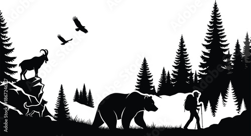 Wilderness nature landscape silhouette with grizzly bear, hiker backpacking, mountain goat on rocks, forest pine trees, birds flying, and wolf in outdoors adventure scene,