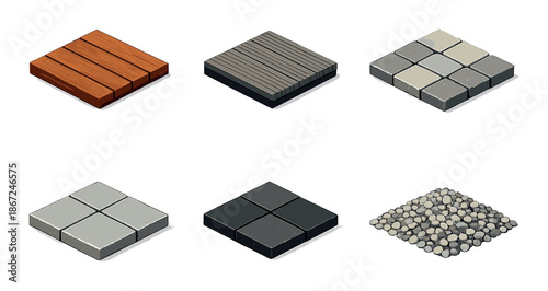 Collection of various building materials: wood planks, concrete slabs, and pebbles