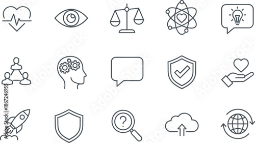 Black line icons for abstract concepts including health, justice, science, innovation, teamwork, communication, and global connectivity, isolated on white background
