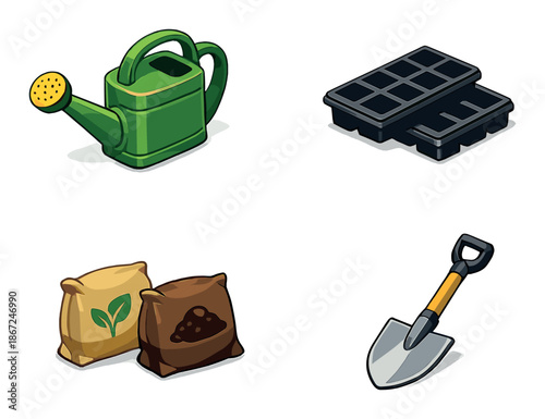 Gardening tools set with watering can, seed trays, soil bags, and shovel on dark background