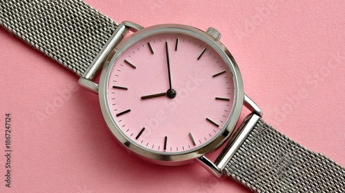 Minimalist analog wristwatch with a pink face rests on a textured rosy background