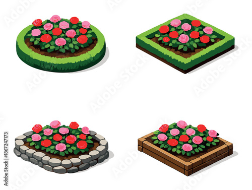 Isometric garden designs with red and pink roses on various platforms