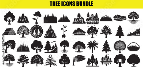 Black silhouette icons of various trees showing different structures root systems and forest compositions for web
