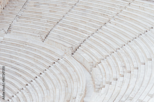 Amphitheatre seating and steps in Athens, Greece, ancient architecture marble stone theatre