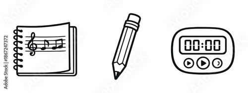 Musical notation, pencil, and digital timer on dark background