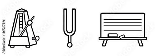 Metronome, tuning fork, chalkboard icons on dark background