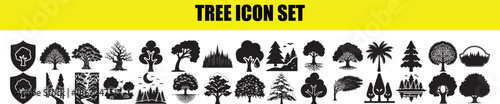 Tree icon set black silhouettes vector forest element pine tree fir wood nature park garden plants logo collection