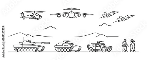 Minimalist military icons: helicopters, jets, tanks, humvee, soldiers in line art