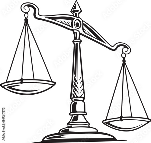 Vintage Imbalanced Scales of Justice Line Art Drawing Isolated on White