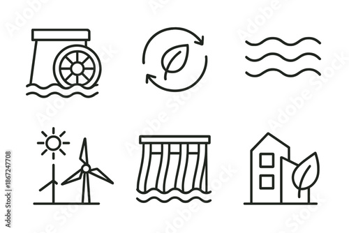 Eco-friendly energy icons: wind, solar, water turbine, recycling, sustainability