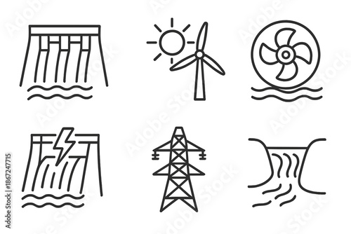 Renewable energy icons: wind turbine, solar power, hydro power, electricity generation