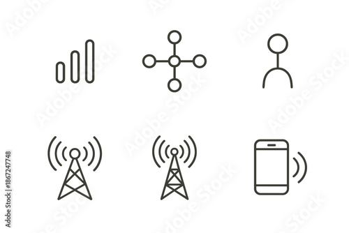 Wireless communication icons: signal, connection, user, tower, mobile