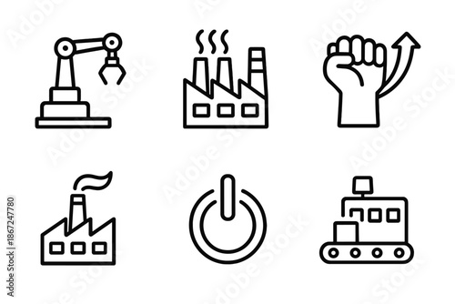 Industrial icons: automation, factories, growth symbols, power button, conveyor belt