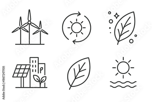 Eco-friendly energy icons: wind, solar, sustainability, nature, clean