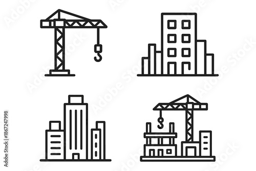 Construction and urban building icons: crane, skyscraper, architecture line art set
