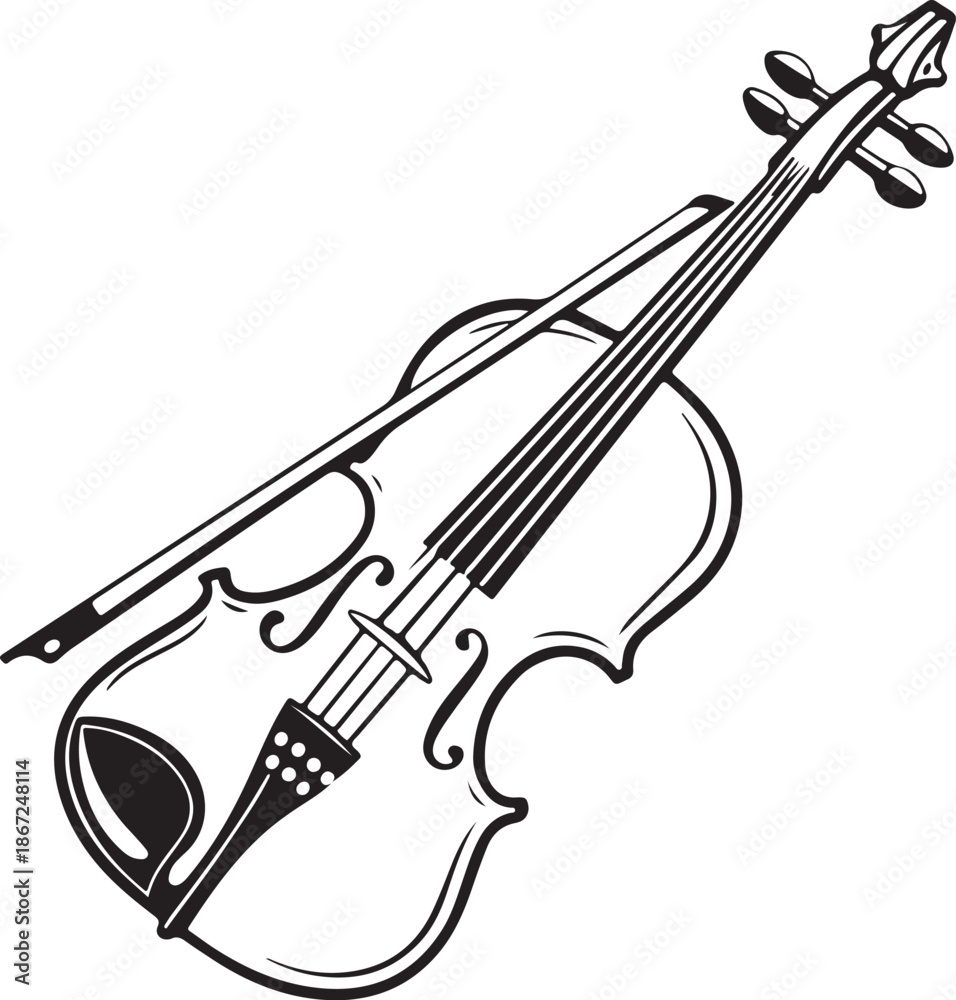 Obraz premium Vintage Style Violin with Bow Black and White Outline Drawing