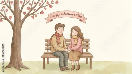 Charming watercolor illustration for Valentine's Day, featuring a loving couple holding hands on a park bench beneath a heart-leaf tree