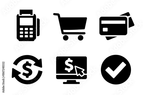 Payment process icon collection in black. Set of terminal payment, shopping cart, credit card, refund arrows, online purchase, approval check