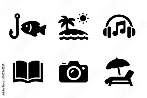 Leisure and entertainment icon set. Includes fishing hook, island vacation, music headphones, book reading, camera photo, beach