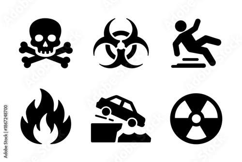 Danger and hazard warning icon collection in black. Set of skull, biohazard sign, slip hazard, fire, car accident and radiation icons