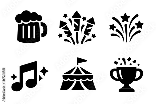 Entertainment and celebration icon collection in black. Set of beer mug, fireworks, music note, circus tent, trophy and festival icons