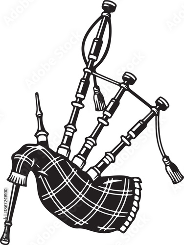 Traditional Scottish Great Highland Bagpipes Black and White Vector