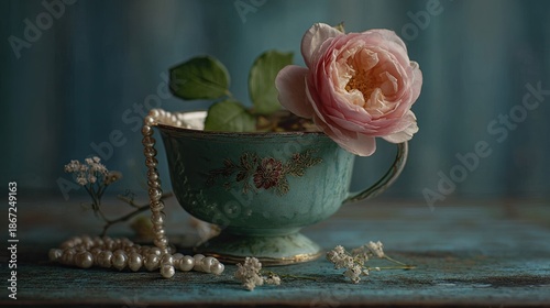Delicate pink rose blooms from an antique teal teacup alongside draped pearls.
