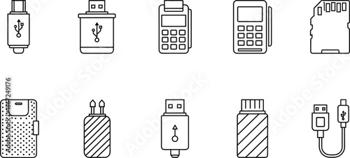 Electronic Hardware Icon Set Featuring USB Flash Drives and Memory Storage Devices, Technology Connectivity, CAD Drawing Flat Vector Illustration, Digital