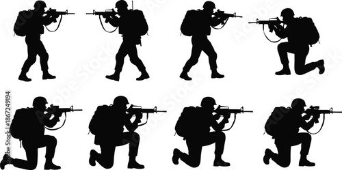 Special forces soldier silhouettes set, tactical military operators aiming rifles, kneeling and walking combat poses, modern warfare illustration, isolated vector