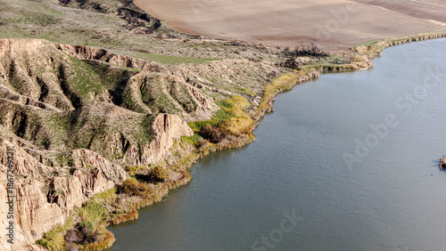 High resolution aerial drone Toledo Burujón cliffs reservoir lake textures scenic landscape colors