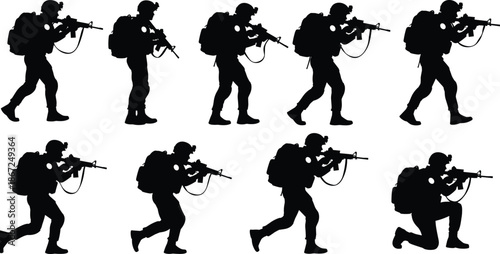 Special forces soldier silhouettes set, tactical military operators moving and aiming rifles, combat action poses, modern warfare security illustration, vector