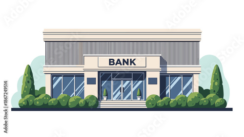 Modern bank building facade with large windows and bushes, representing finance, economy, and professional financial services.