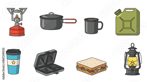 Set of essential outdoor cooking and camping equipment including a gas stove, pot, mug, lantern, and a hot sandwich maker for adventures.