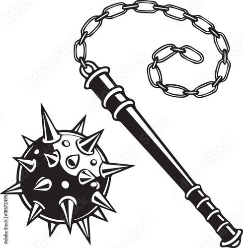 Vintage Morning Star Flail Weapon Black and White Vector Illustration