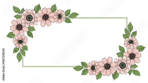 Vintage rectangular floral frame decorated with delicate hand-drawn pink anemone flowers and green leaves, ideal for invitations and messages.