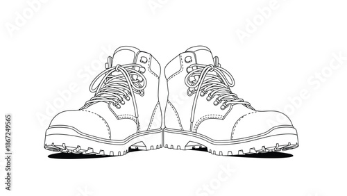 Black and white line art vector illustration of a pair of sturdy and durable work boots, representing hard work, construction, or hiking.