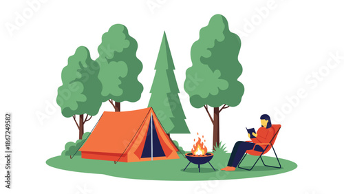 Woman enjoying a peaceful solo camping trip in nature, reading a book in a chair by a warm campfire next to her tent in the forest.