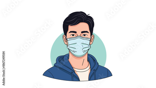 Young man wearing a blue surgical face mask for protection against viruses, germs, and pollution, shown as a portrait on a white background.